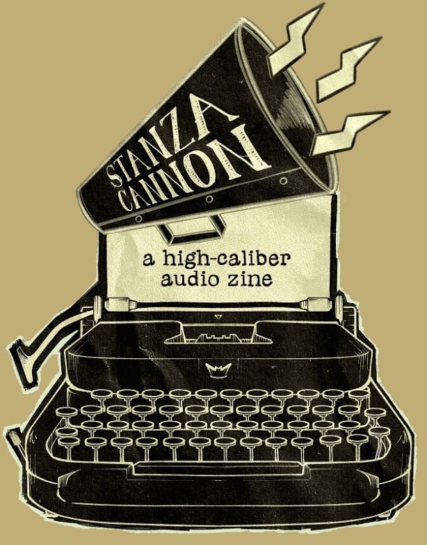 Handheld conical bullhorn insdcribed with "Stanza Cannon" atop a piece of paper reading "a high-caliber audio zine" that extends from a typewriter.